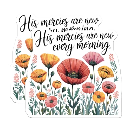 (2 Pack) Inspirational Floral Stickers - His Mercies are New Every Morning - Botanical Quote Stickers - 5" On Longest Side - Sticks to Smooth Flat Surfaces - Made in USA - BMCS6962