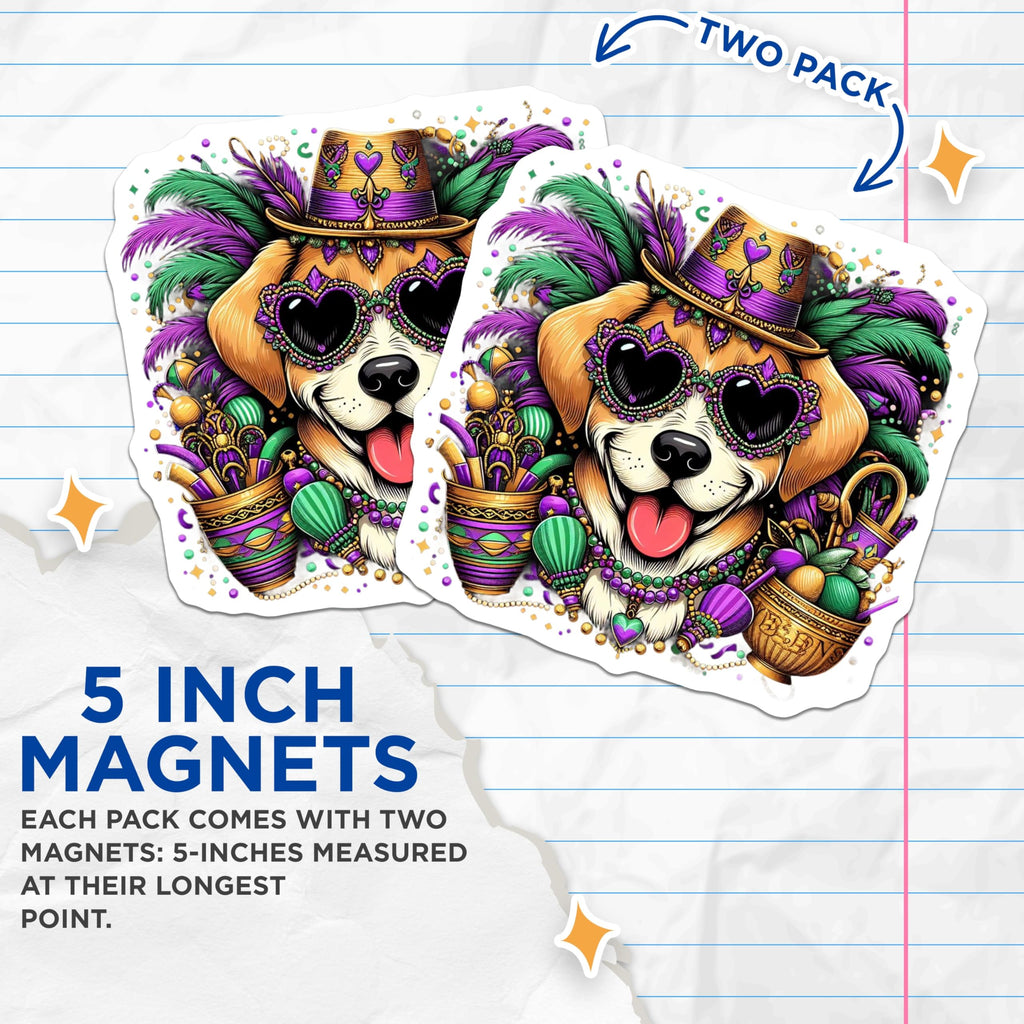 (2 Pack) Mardi Gras Dog Magnets - Cute Puppy - Party Favor Decoration - 5" On Longest Side - Premium Magnet - for Cars, Refrigerators, Toolboxes, Lockers - Made in USA - MAG14496