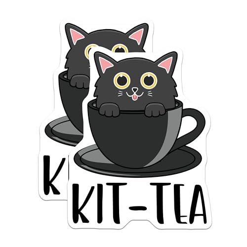 (2 Pack) Cute Cat Stickers - Funny Kit Tea Stickers - Black Cat in Teacup Decal - 5" On Longest Side - Sticks to Smooth Flat Surfaces - Made in USA - BMCS4807