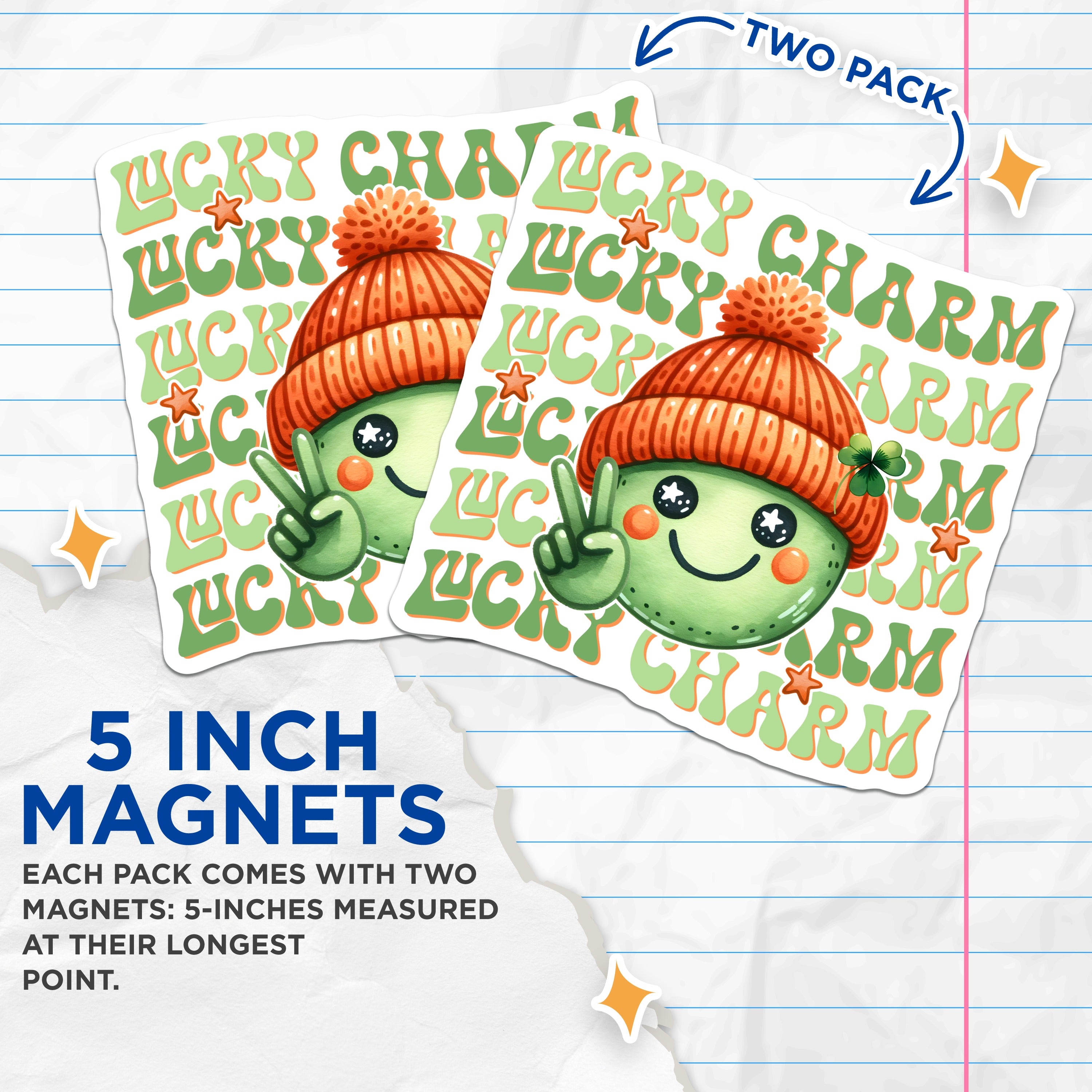 (2 Pack) Lucky Charm Magnets - St Patricks Day Decor - Cute Smiling Face - Retro Groovy Vibe - Good Luck Clover Accent - 5 Inches On Longest Side - Thick Durable Magnet - Made in USA - MAG39464