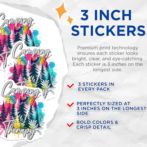 (3 Pack) Camping Therapy Decals - Tie Dye Stickers - Laptop Decoration - 3 Inches On Longest Side - Easy Peel & Apply - Made in USA - 3MCS2054