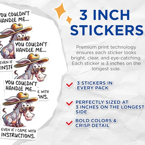 (3 Pack) Funny Donkey Decals - Cowboy Donkey - Laptop Decals - 3 Inches On Longest Side - Easy Peel & Apply - Made in USA - 3MCS2108