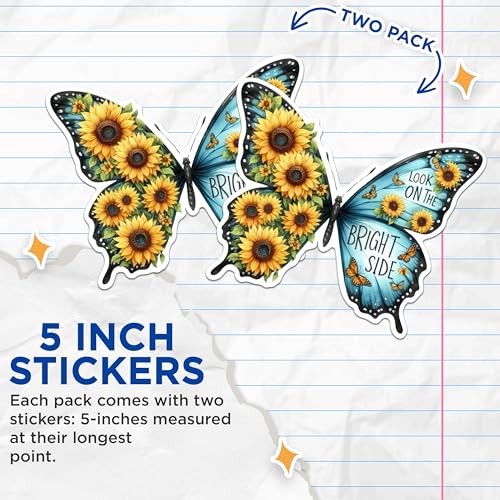 (2 Pack) Look On The Bright Side Stickers - Butterfly Sunflower Stickers - Positive Motivational Stickers - 5" On Longest Side - Sticks to Any Smooth Flat Surface - Made in USA - BMCS2557