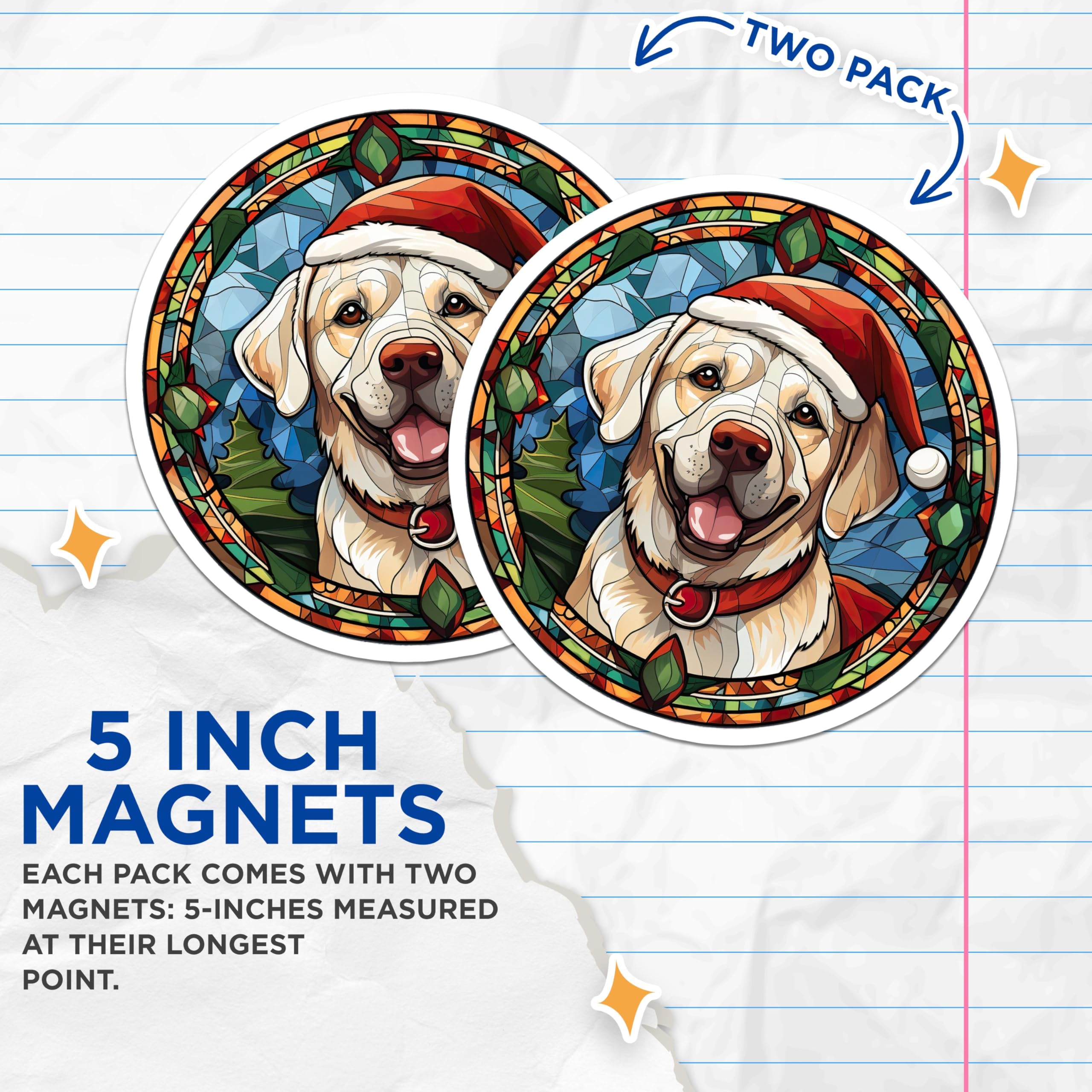 (2 Pack) Christmas Labrador Magnets - Stained Glass Dog Art - Festive Holiday Decor Magnets - 5 Inches On Longest Side - Thick Durable Magnet - Made in USA - MAG24619