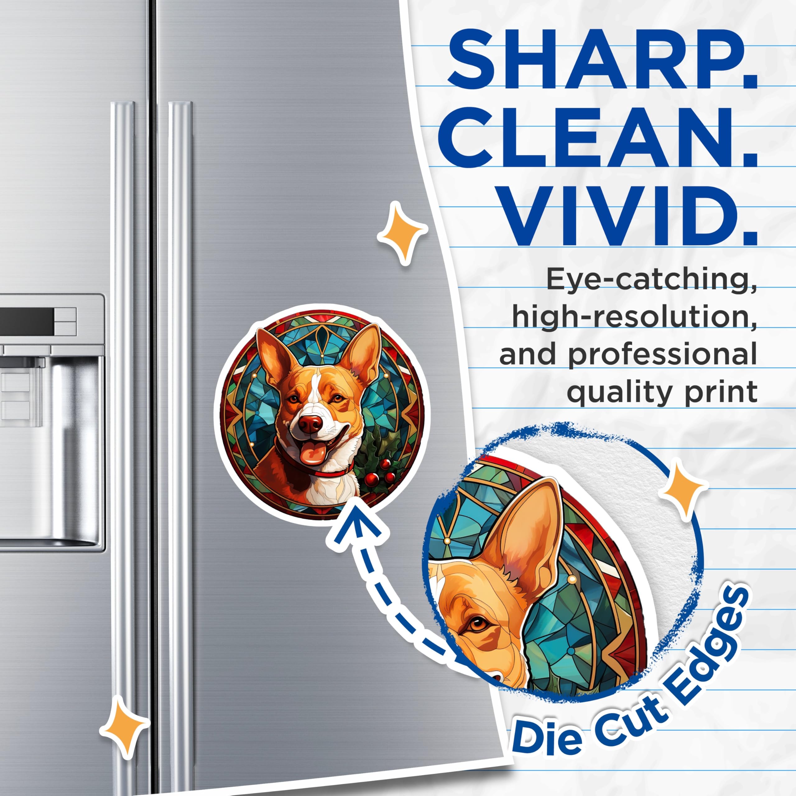 (2 Pack) Christmas Corgi Magnets - Stained Glass Holiday Dog Art - Festive Refrigerator Decor - Pet Lover Collectible - 5 Inches On Longest Side - Thick Durable Magnet - Made in USA - MAG24295