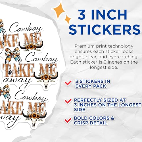 (3 Pack) Cowboy Take Me Away Decals - Western Laptop Decals - Cow Skull Sunflowers Stickers - 3 Inches On Longest Side - Easy Peel & Apply - Made in USA - 3MCS1937