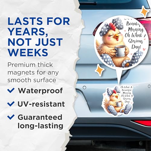 (2 Pack) Cute Chicken Coffee Magnets - Funny Morning Quote - Polka Dot Bow Magnets - 5" On Longest Side - for Cars, Fridges, Toolboxes - Made in USA - MAG4503