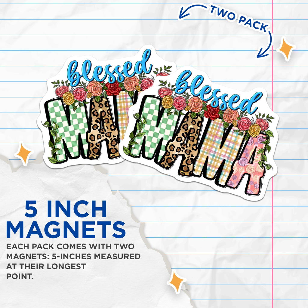 (2 Pack) Blessed Mama Magnets - Floral Mom Decor - Trendy Motherhood Souvenir - 5 Inches On Longest Side - Thick Durable Magnet - Made in USA - MAG30314
