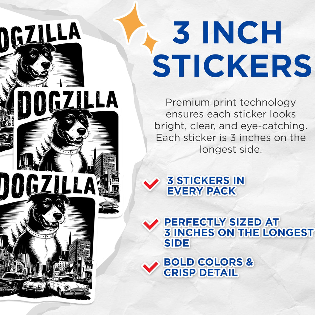 (3 Pack) Dogzilla Decals - Monster Dog Stickers - Laptop Decal Art - 3 Inches On Longest Side - Easy Peel & Apply - Made in USA - 3MCS4658