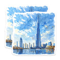 (2 Pack) Dubai Skyline Stickers - Watercolor Cityscape Stickers - Travel Destination Stickers - 5" On Longest Side - Sticks to Smooth Flat Surfaces - Made in USA - BMCS5184