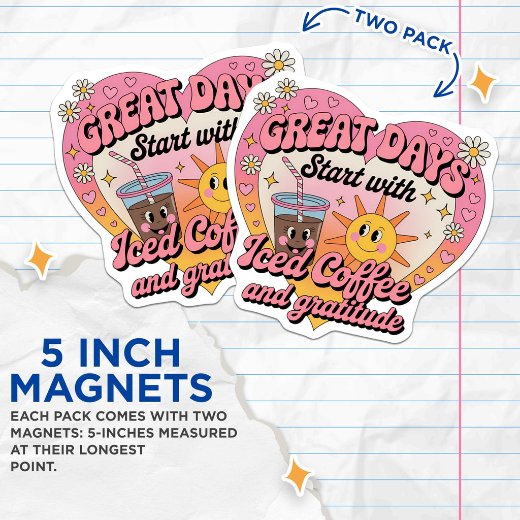 (2 Pack) Iced Coffee Magnets - Gratitude Message Decor - Groovy Happy Sun Daisy Art - 5 Inches On Longest Side - Thick Durable Magnet - Made in USA - MAG21901