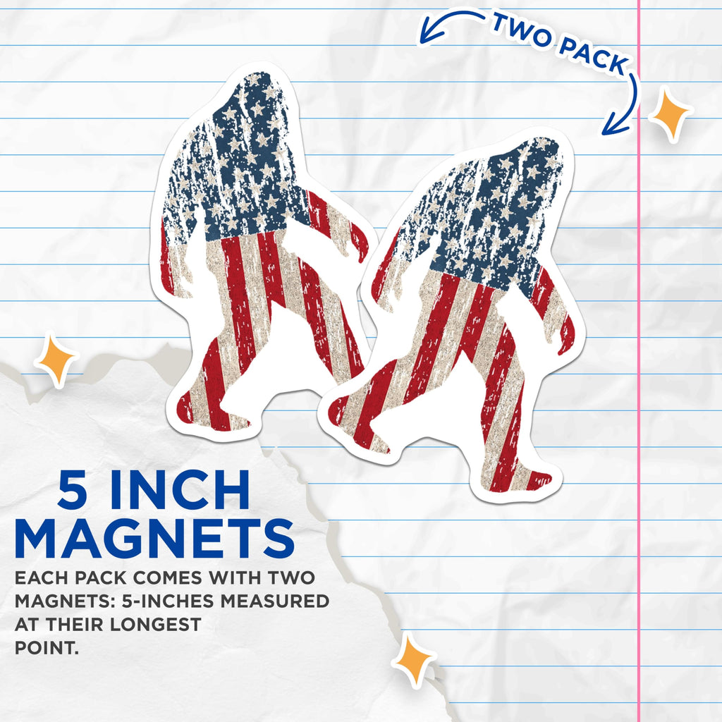 (2 Pack) American Flag Bigfoot Magnets - Patriotic Sasquatch - USA Cryptid Lore - Distressed Flag Design - 5 Inches On Longest Side - Thick Durable Magnet - Made in USA - MAG22725