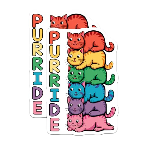 (2 Pack) Cat Rainbow Stack Stickers - Purride - Fun Cat Pride Stickers - 5" On Longest Side - Sticks to Smooth Flat Surfaces - Made in USA - BMCS9555
