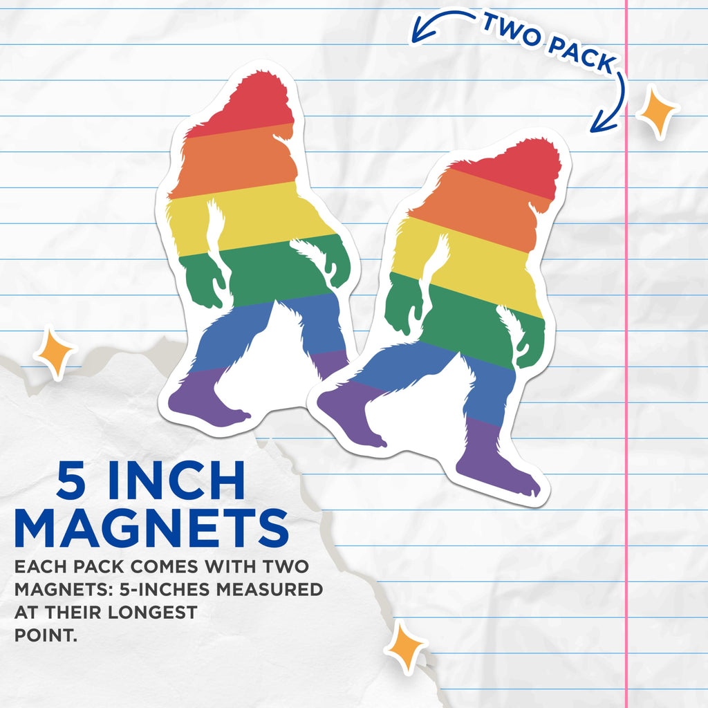 (2 Pack) Rainbow Bigfoot Magnets - LGBTQ Pride Sasquatch Accessory - Cryptid Legend Display Decor - 5 Inches On Longest Side - Thick Durable Magnet - Made in USA - MAG21045
