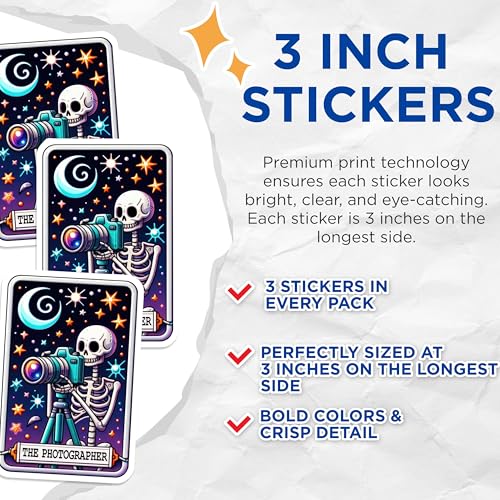 (3 Pack) Photographer Skeleton Decals - Moon and Stars - Camera Laptop Decals - 3 Inches On Longest Side - Easy Peel & Apply - Made in USA - 3MCS4244