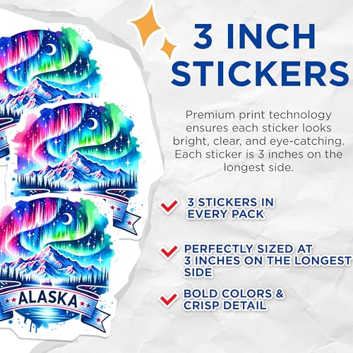 (3 Pack) Alaska Decals - Northern Lights - Mountain Landscape Sticker- 3 Inches On Longest Side - Easy Peel & Apply - Made in USA - 3MCS5212
