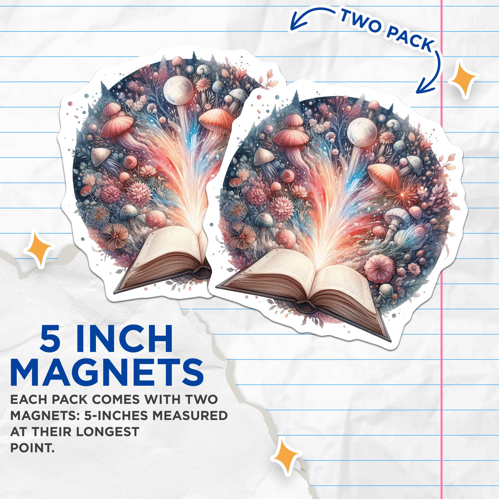 (2 Pack) Fantasy Book Magnets - Magical Forest Reader Art - Whimsical Mushroom Decor - 5 Inches On Longest Side - Thick Durable Magnet - Made in USA - MAG36643