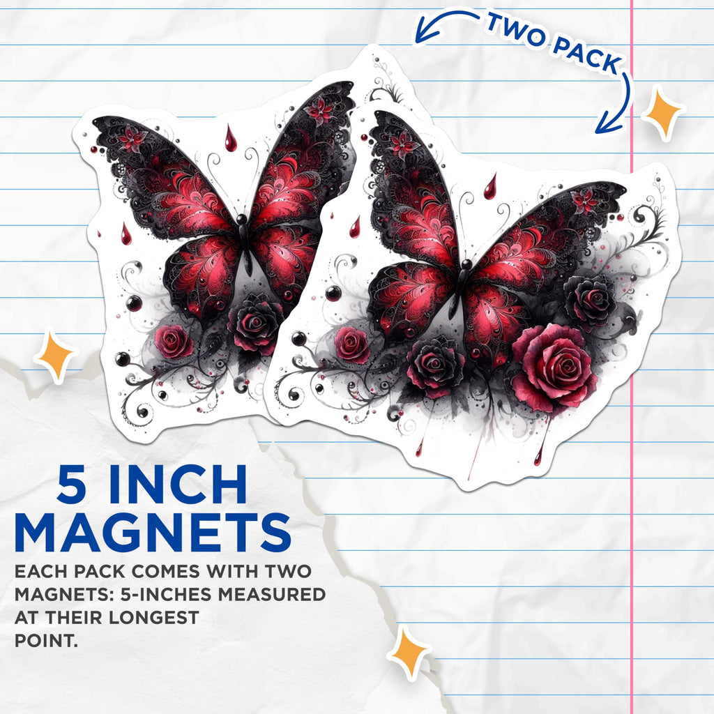 (2 Pack) Butterfly Roses Magnets - Gothic Red Roses Decor - Elegant Floral Butterfly Decor - 5" On Longest Side - Premium Magnet - for Cars, Refrigerators, Toolboxes, Lockers - Made in USA - MAG16011