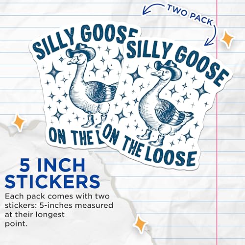 (2 Pack) Silly Goose On The Loose Stickers - Funny Animal Stickers - Quirky Cartoon Stickers - Whimsical Art Stickers - 5" On Longest Side - Sticks to Smooth Flat Surfaces - Made in USA - BMCS5859