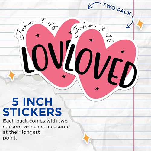 (2 Pack) Loved Stickers - Heart Stickers - Bible Verse Stickers - Faith Stickers - 5" On Longest Side - Sticks to Any Smooth Flat Surface - Made in USA - BMCS3112
