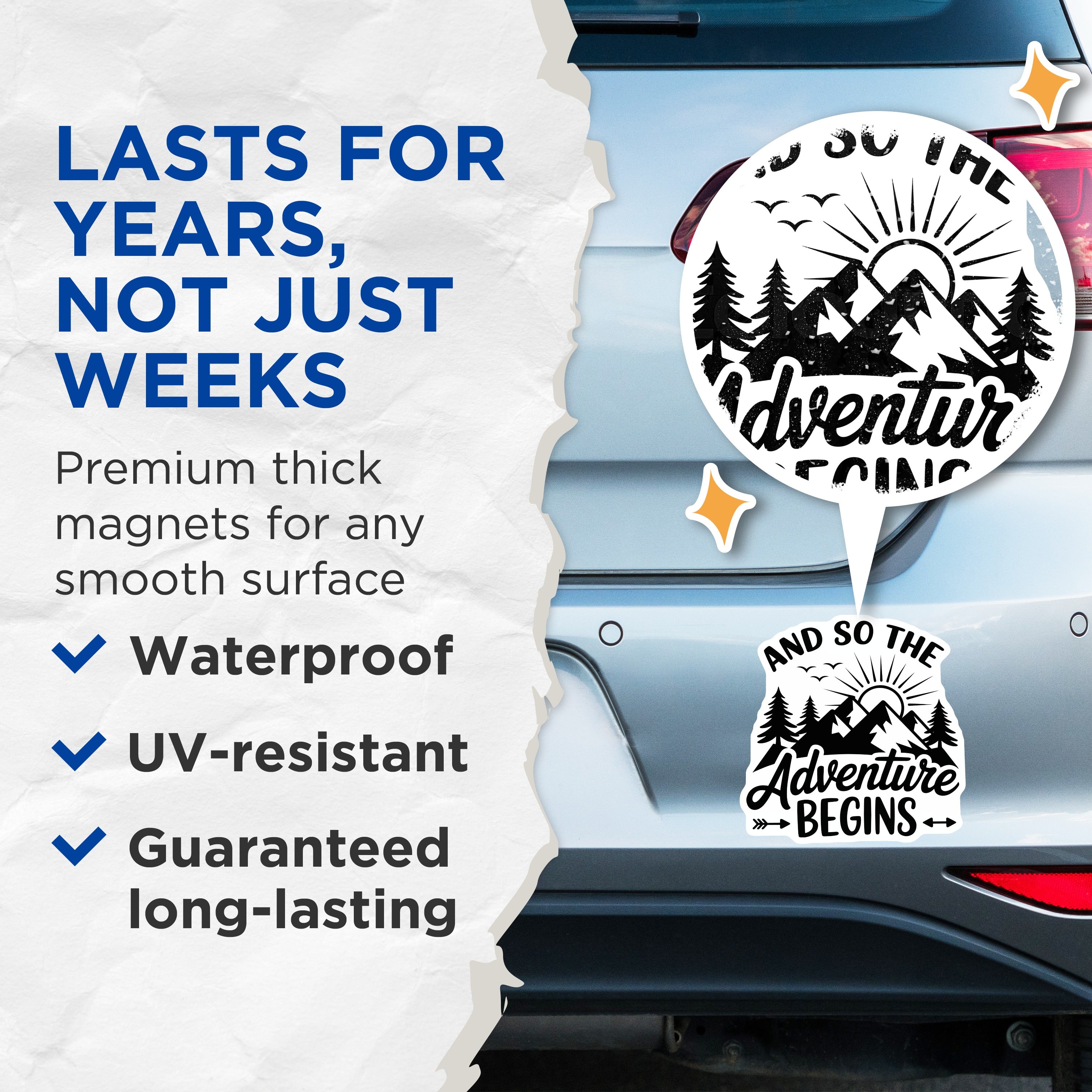 (2 Pack) Adventure Begins Magnets - Mountain Landscape Refrigerator Decor - Outdoorsy Travel Camper Van Life Fridge Accessory - 5 Inches On Longest Side - Thick Durable Magnet - Made in USA - MAG37987