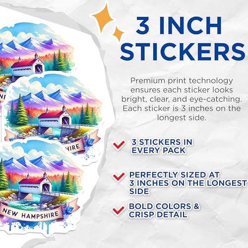 (3 Pack) New Hampshire Decals - Covered Bridge Art - Watercolor Laptop Decal- 3 Inches On Longest Side - Easy Peel & Apply - Made in USA - 3MCS5472