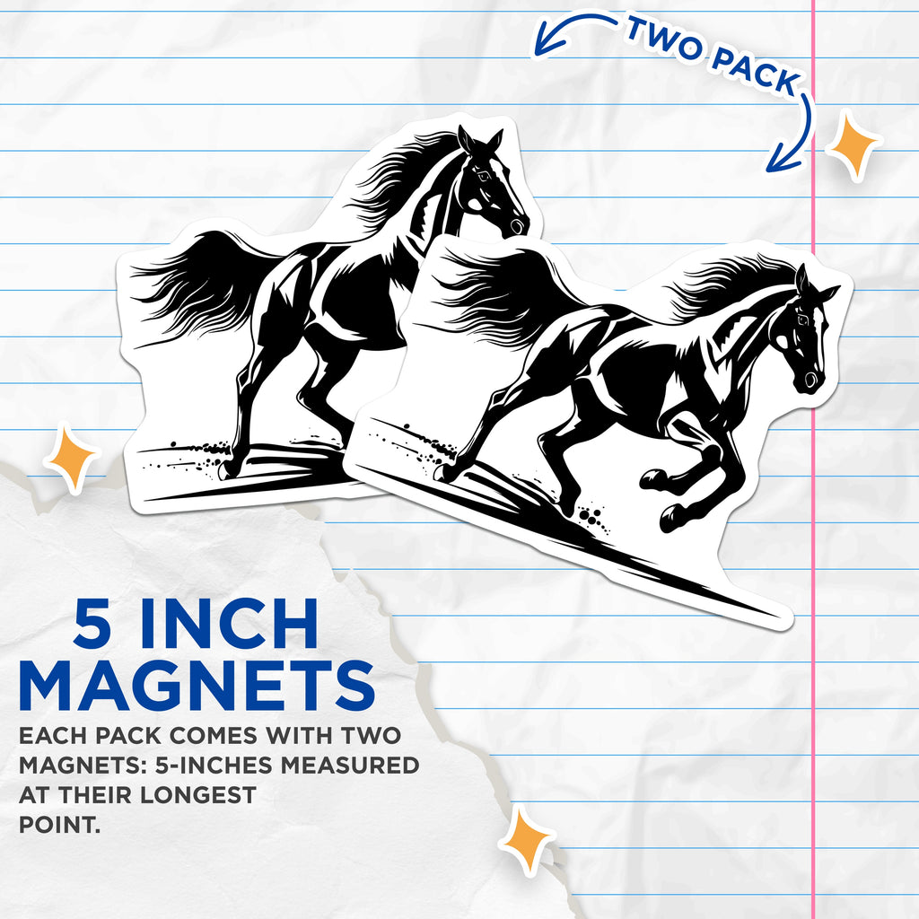 (2 Pack) Running Horse Magnets - Equestrian Decor - Farmhouse Animal Art - Black White Refrigerator Accessory - 5 Inches On Longest Side - Thick Durable Magnet - Made in USA - MAG36175