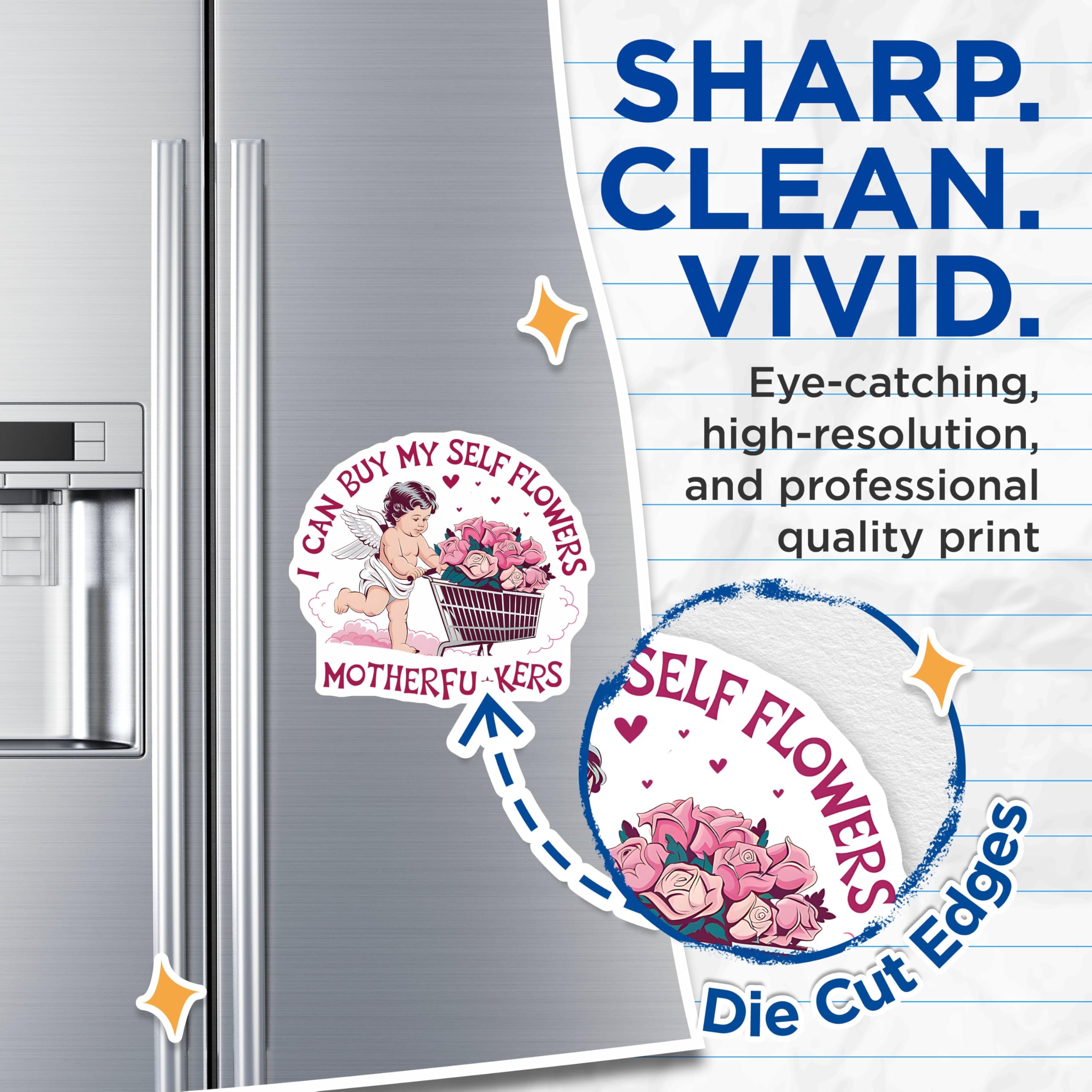(2 Pack) Funny Angel Magnets - Self-Love Flower Cart Magnets - Cute Cherub Magnets for Fridge or Locker - 5" On Longest Side - for Cars, Refrigerators, Toolboxes, Lockers - Made in USA BMCS3496