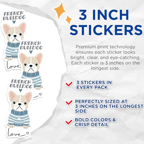 (3 Pack) French Bulldog Decals - Cute Puppy Dog - Laptop Decal - Dog Mom - 3 Inches On Longest Side - Easy Peel & Apply - Made in USA - 3MCS6063