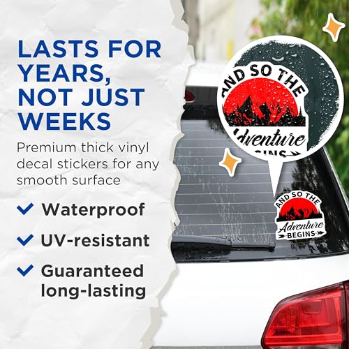 (2 Pack) Adventure Begins Stickers - Mountain Theme - Travel Quote - 5" On Longest Side - Sticks to Smooth Flat Surfaces - Made in USA - BMCS8513