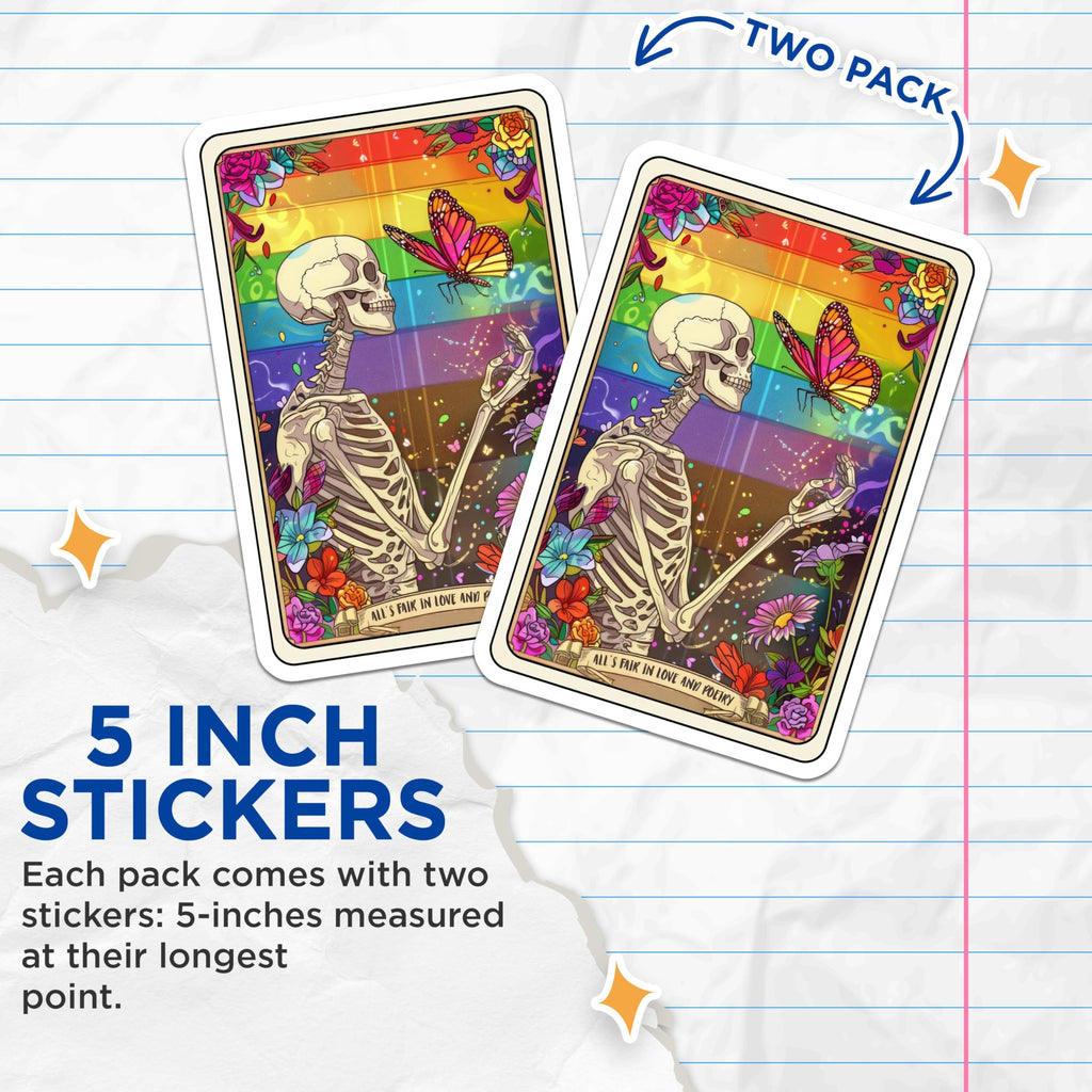 (2 Pack) Skeleton Rainbow Stickers - Art Skeleton with Butterfly - Skeleton with Flowers Decal - 5" On Longest Side - Sticks to Smooth Flat Surfaces - Made in USA - BMCS3796