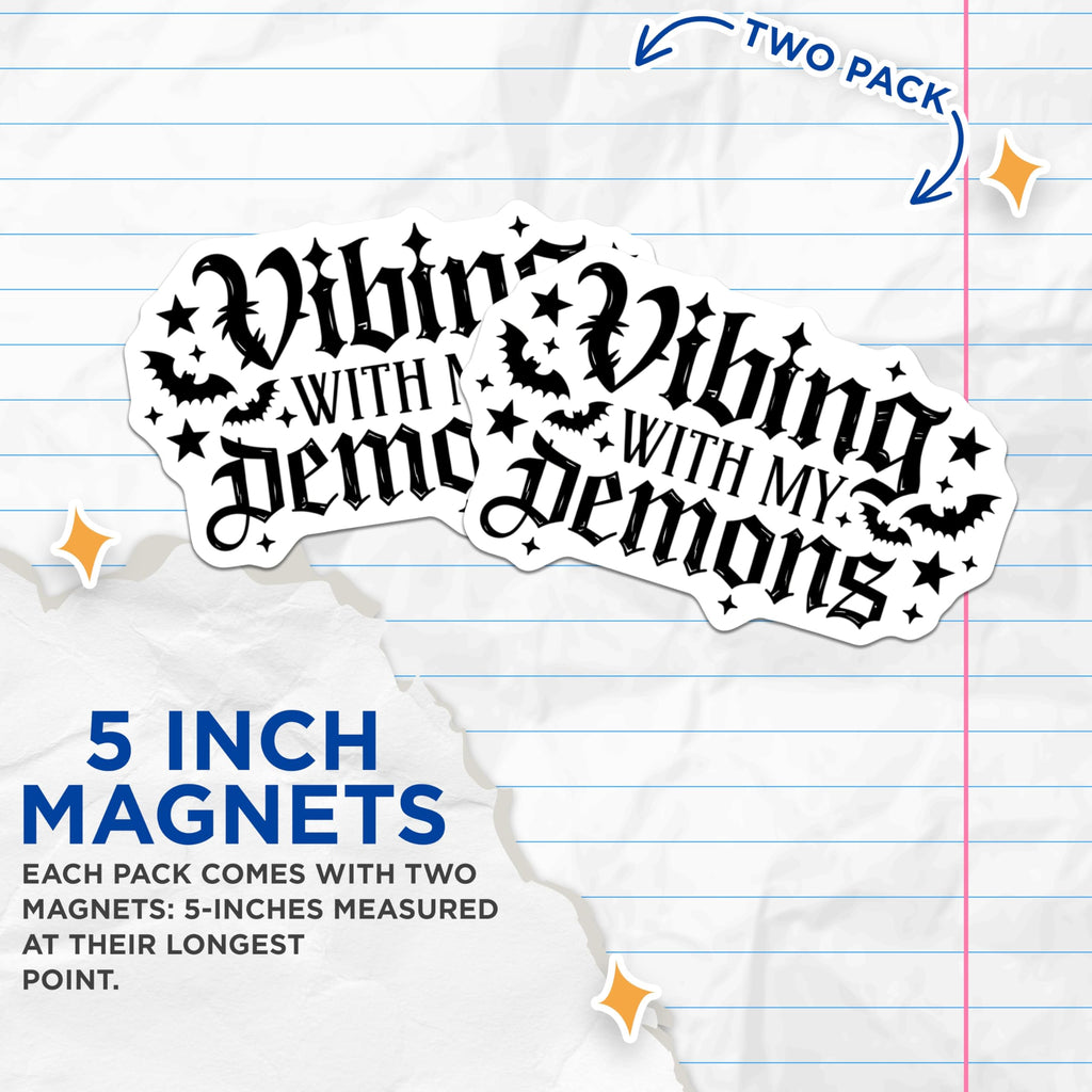 (2 Pack) Vibing With My Demons Magnets - Gothic Bat Stars Decor - Spooky Halloween Kitchen - Alternative Refrigerator Display - 5 Inches On Longest Side - Thick Durable Magnet - Made in USA - MAG22843