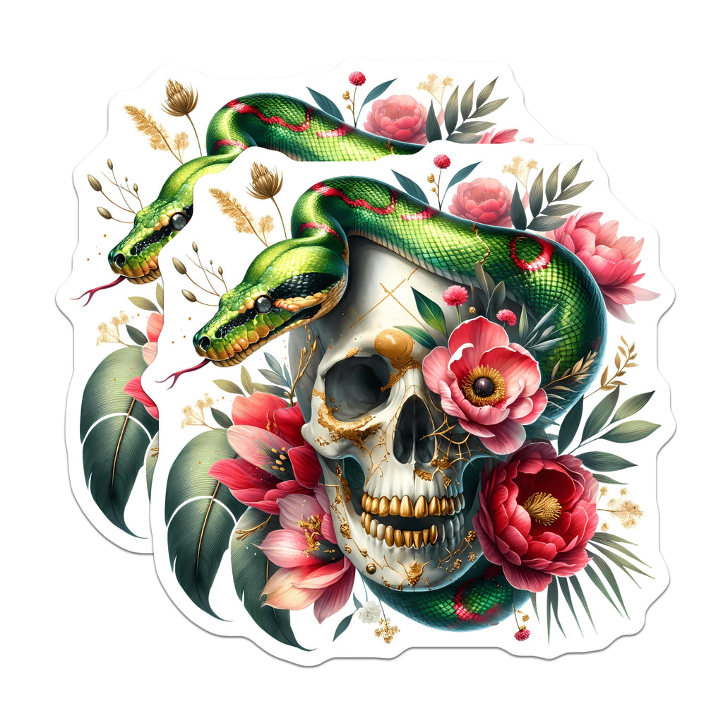 (2 Pack) Ornate Floral Skull Magnets - Green Snake Design - Macabre Botanical Kitchen Decor - Dark Academia Aesthetic - 5 Inches On Longest Side - Thick Durable Magnet - Made in USA - MAG20344