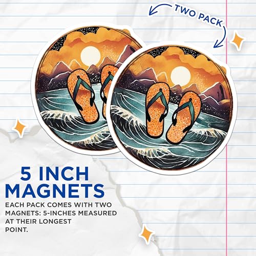 (2 Pack) Flip Flops Beach Sunset Magnets Magnets - Summer Vacation Decor - 5" On Longest Side - Made in USA - Sticks to Refrigerators & Metal Surfaces - MAG9312