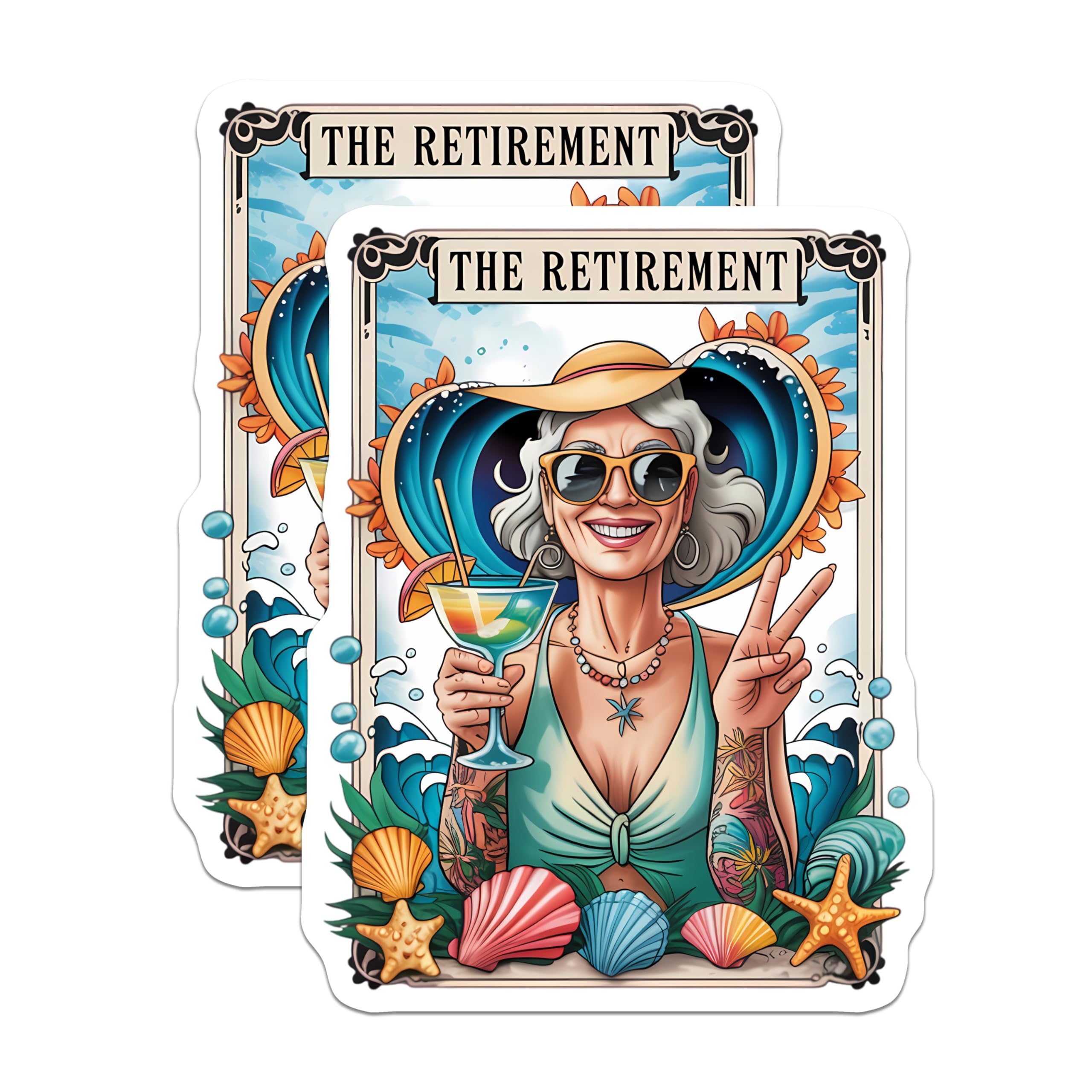 (2 Pack) Retirement Celebration Magnets for Women - Happy Retiree Beach Vacation Decor - Tropical Ocean Peace Sign Art - 5 Inches On Longest Side - Thick Durable Magnet - Made in USA - MAG21574
