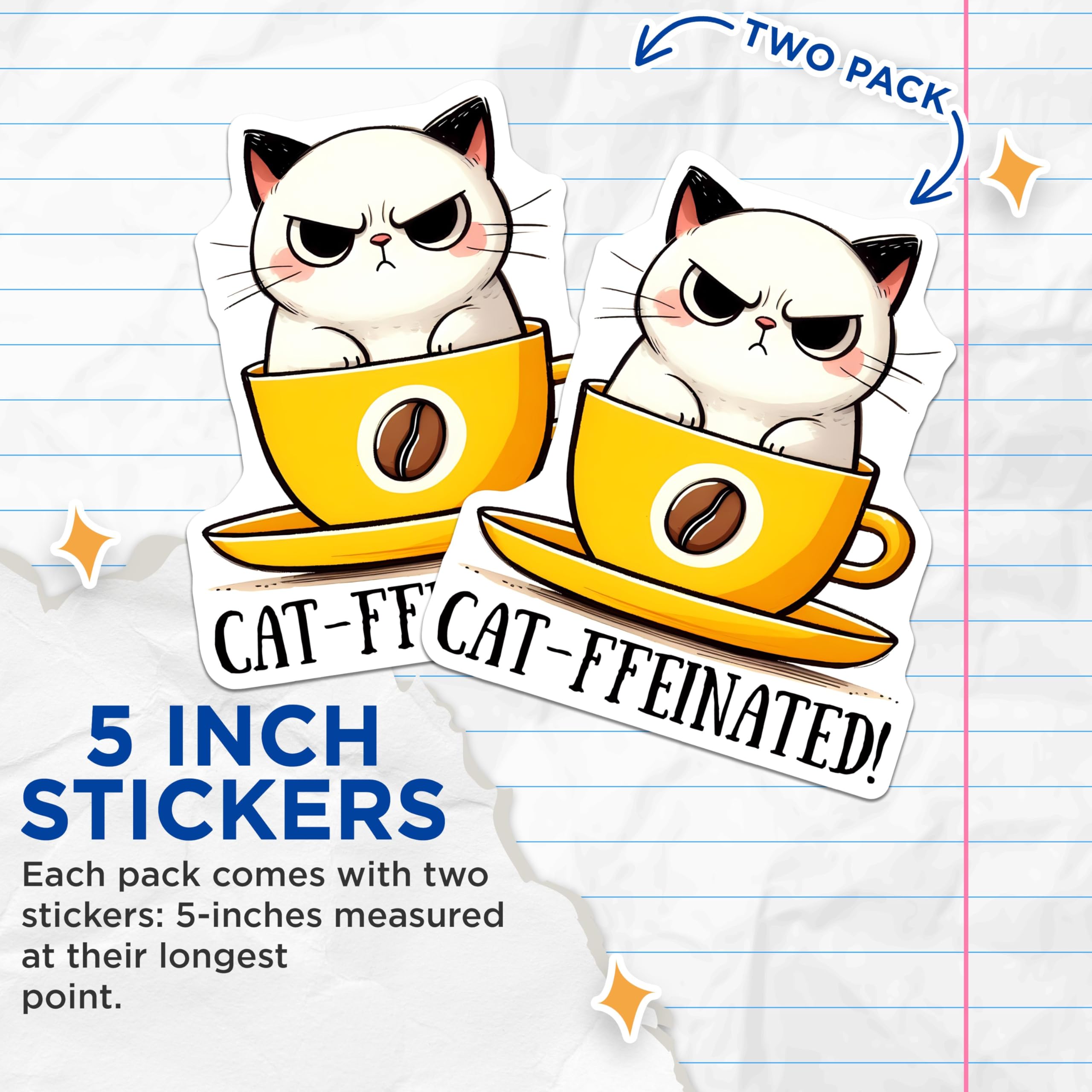 (2 Pack) Cat-ffeinated Stickers - Funny Coffee Cat Stickers - Cute Cat Pun Stickers for Laptops Water Bottles Journals - 5" On Longest Side - Sticks to Any Smooth Flat Surface - Made in USA - BMCS3294