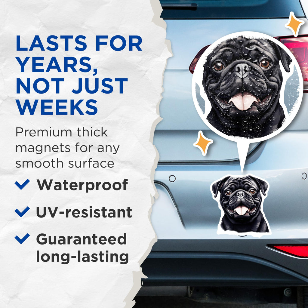 (2 Pack) Black Pug Dog Magnets - Cute Happy Pug Face Artwork - Pet Owner Animal Lover Kitchen Decor Accent - 5 Inches On Longest Side - Thick Durable Magnet - Made in USA - MAG28513