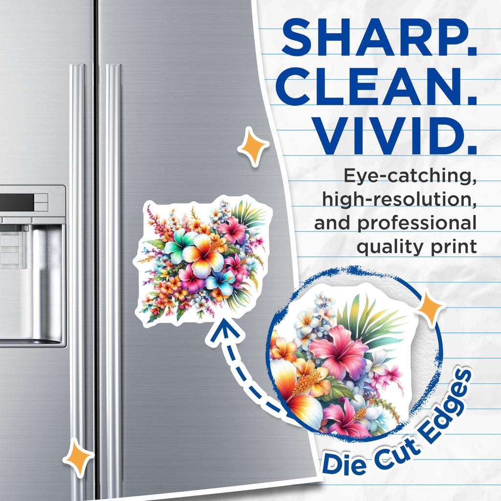 (2 Pack) Tropical Flowers Magnets - Vibrant Hibiscus Plumeria Art - Refrigerator Decor Aloha - 5 Inches On Longest Side - Thick Durable Magnet - Made in USA - MAG21196