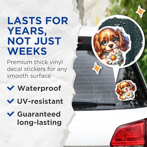 (2 Pack) Cute Puppy Stickers - Adorable Dog - Flower Sticker - 5" On Longest Side - Sticks to Smooth Flat Surfaces - Made in USA - BMCS9588