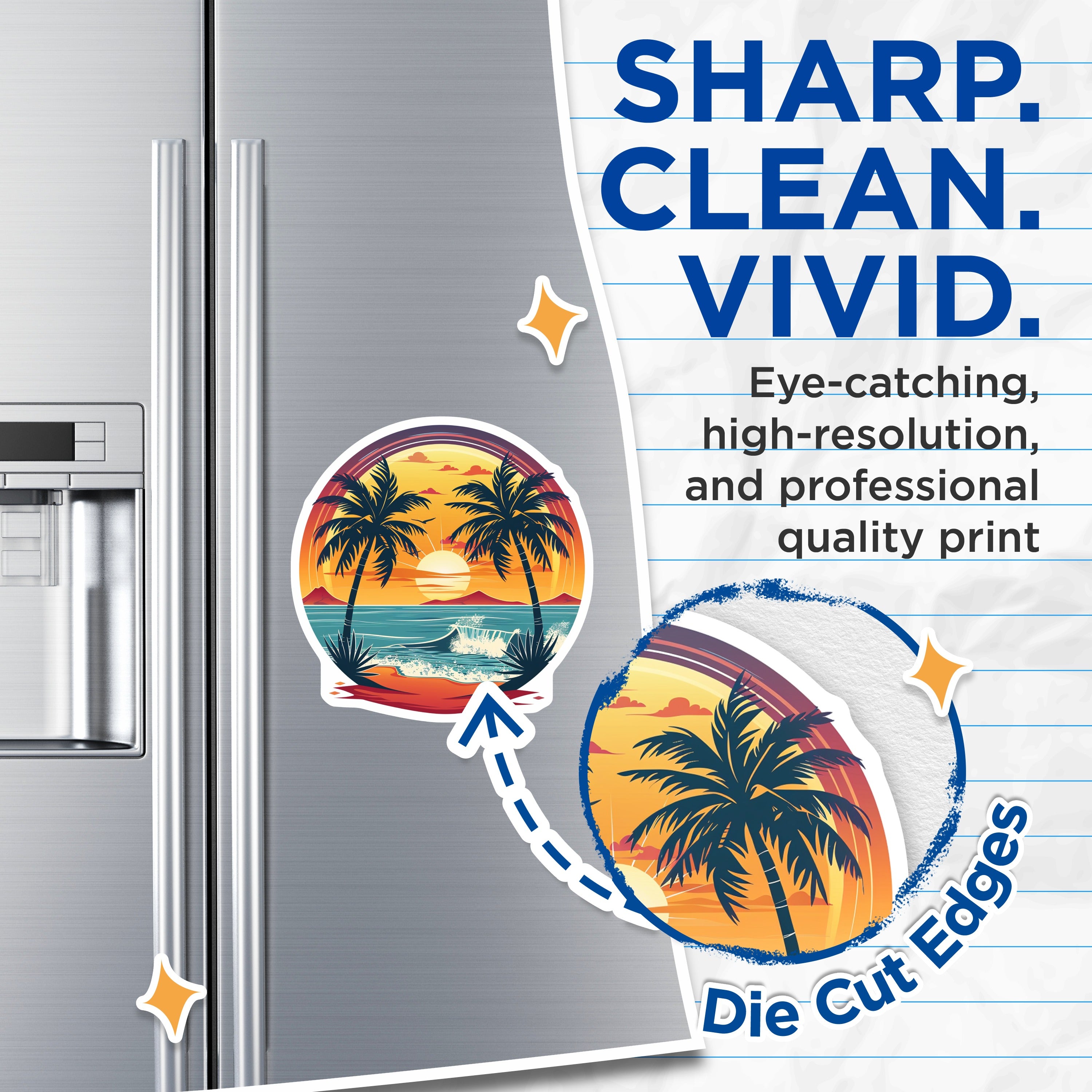 (2 Pack) Tropical Beach Sunset Magnets - Palm Tree Ocean Wave - Retro Summer Vacation Vibe - Coastal Decor - 5 Inches On Longest Side - Thick Durable Magnet - Made in USA - MAG36085