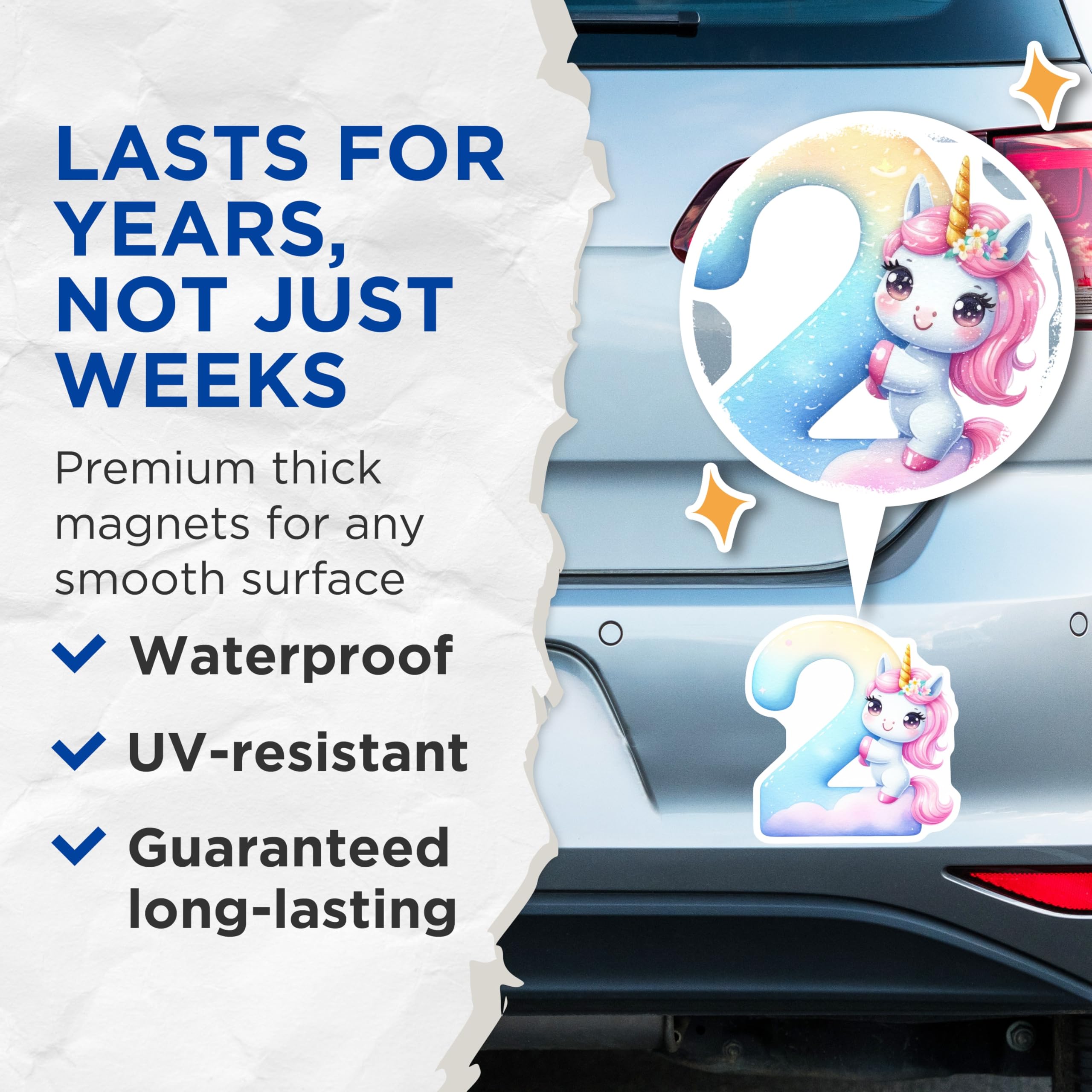 (2 Pack) Number Two Unicorn Magnets - Birthday Party Decor - Kids Room Adornment - 5" On Longest Side - Premium Magnet - for Cars, Refrigerators, Toolboxes, Lockers - Made in USA - MAG14414