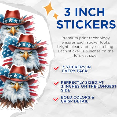 (3 Pack) American Eagle Decals - Cowboy Hat Sticker - USA Flag Decal - 3 Inches On Longest Side - Easy Peel & Apply - Made in USA - 3MCS0253