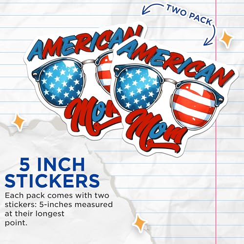 (2 Pack) American Mom Stickers - Patriotic Theme - USA Sunglasses Decor - 5" On Longest Side - Sticks to Smooth Flat Surfaces - Made in USA - BMCS7449