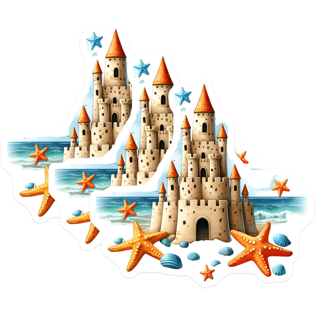 (3 Pack) Sandcastle Decals - Starfish Seashell - Beachy Decorations - 3 Inches On Longest Side - Easy Peel & Apply - Made in USA - 3MCS8046