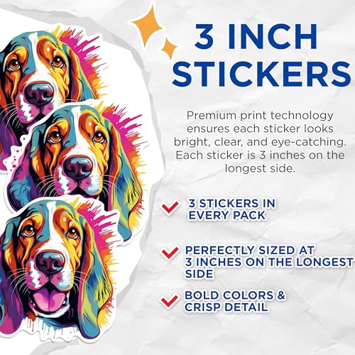 (3 Pack) Basset Hound Decals - Colorful Dog Decal - Laptop Decal - 3 Inches On Longest Side - Easy Peel & Apply - Made in USA - 3MCS0642