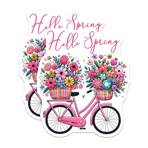 (2 Pack) Hello Spring Magnets - Floral Bicycle Design - 5" On Longest Side - for Cars, Fridges, Toolboxes - Made in USA - MAG8003