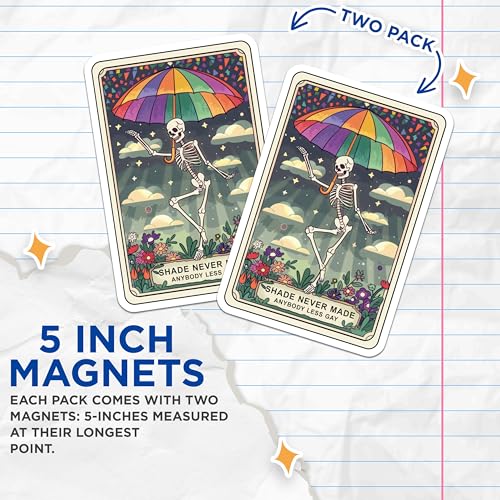 (2 Pack) Shade Never Made Anybody Less Gay Magnets - LGBTQ Pride ation - Rainbow Skeleton - Funny Queer Quote - 5" On Longest Side - for Cars, Fridges, Toolboxes - Made in USA - MAG4399