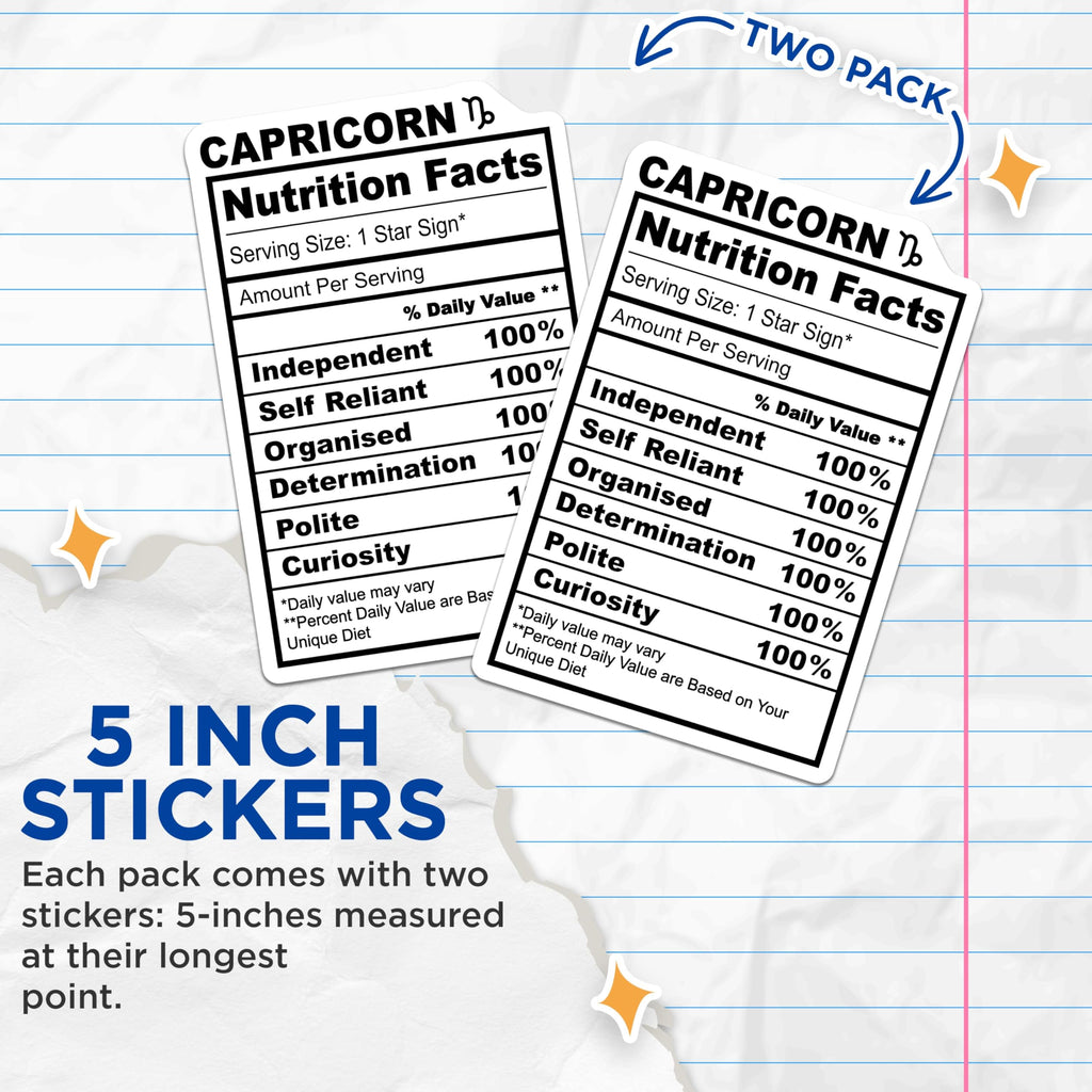 (2 Pack) Capricorn Zodiac Stickers - Nutrition Facts - Horoscope Star Sign- 5" On Longest Side - Sticks to Smooth Flat Surfaces - Made in USA - BMCS16331