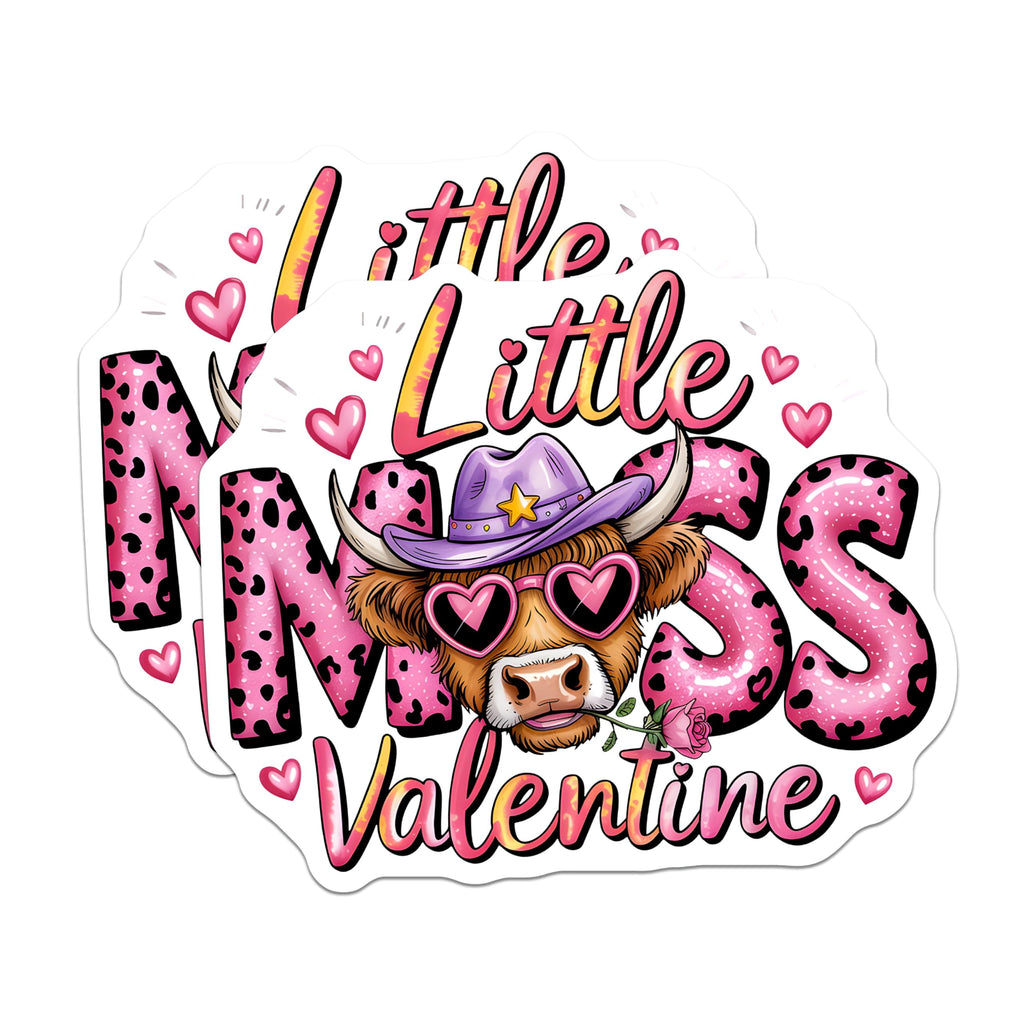 (2 Pack) Little Miss Valentine Magnets - Highland Cow - Pink Leopard Print Decor - 5 Inches On Longest Side - Thick Durable Magnet - Made in USA - MAG29574
