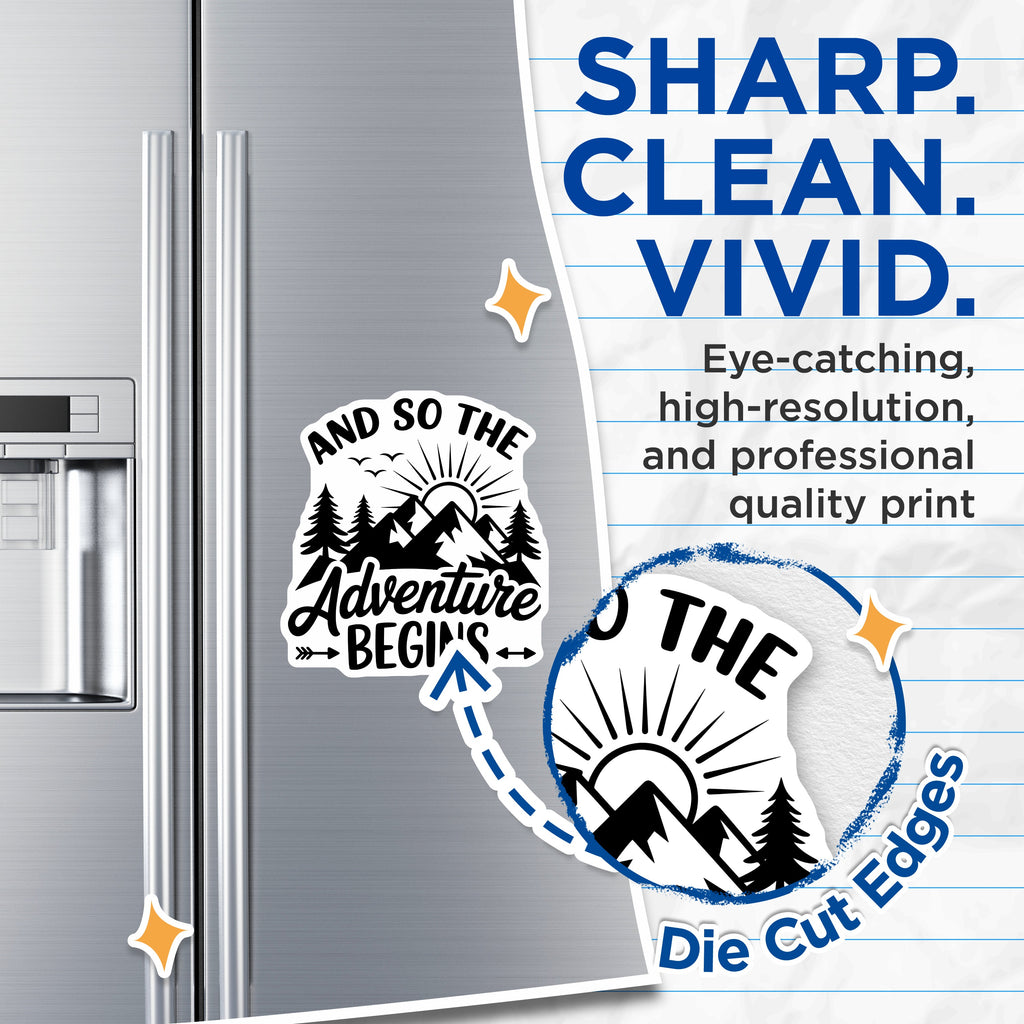(2 Pack) Adventure Begins Magnets - Mountain Landscape Refrigerator Decor - Outdoorsy Travel Camper Van Life Fridge Accessory - 5 Inches On Longest Side - Thick Durable Magnet - Made in USA - MAG37987